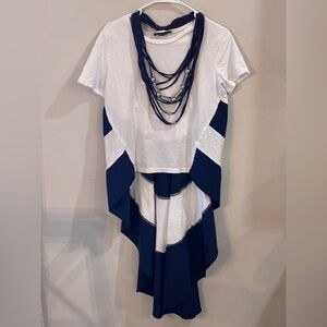 AKIRA Label  High Low Tail Top Navy and White with attached Necklace. Medium